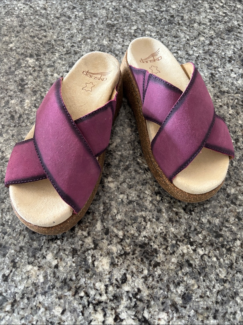 Dansko Bridget platform plum Crisscross Cork Wedge Mules sandals sz 8